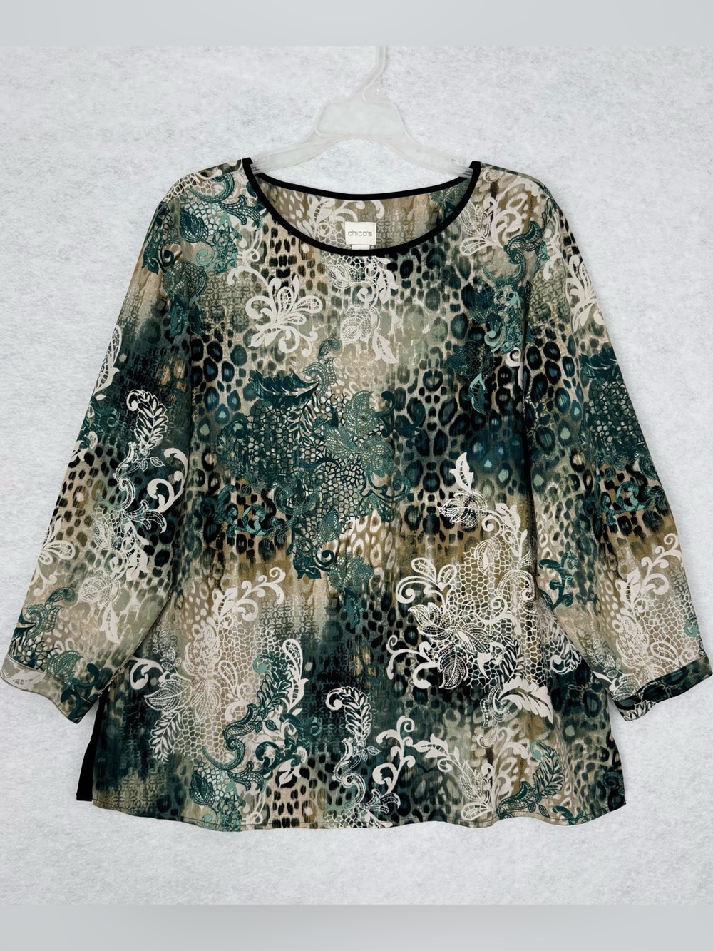 Chico's Floral Paisley Top Blouse Womens 2 / Large Teal Black Tan Fairy Grunge
